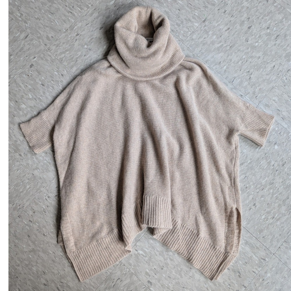 360 Cashmere Beige Turtleneck Poncho Sweater Boho Lagenlook Tan Small